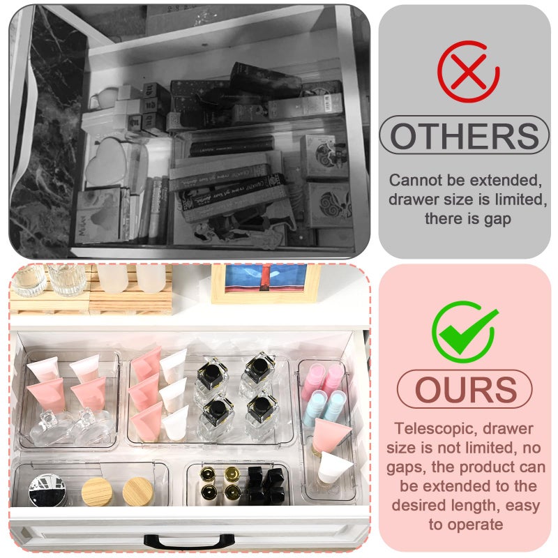 Hiitytin 15 Pcs Extendable Clear Drawer Organizer  All Adjustable Vanity Storage Box  2-Size Desk Drawer Organizer  Acrylic Storage Bins for Makeup  Cosmetic  Bedroom Dressers Tool Organizer for Gadgets - Image 5